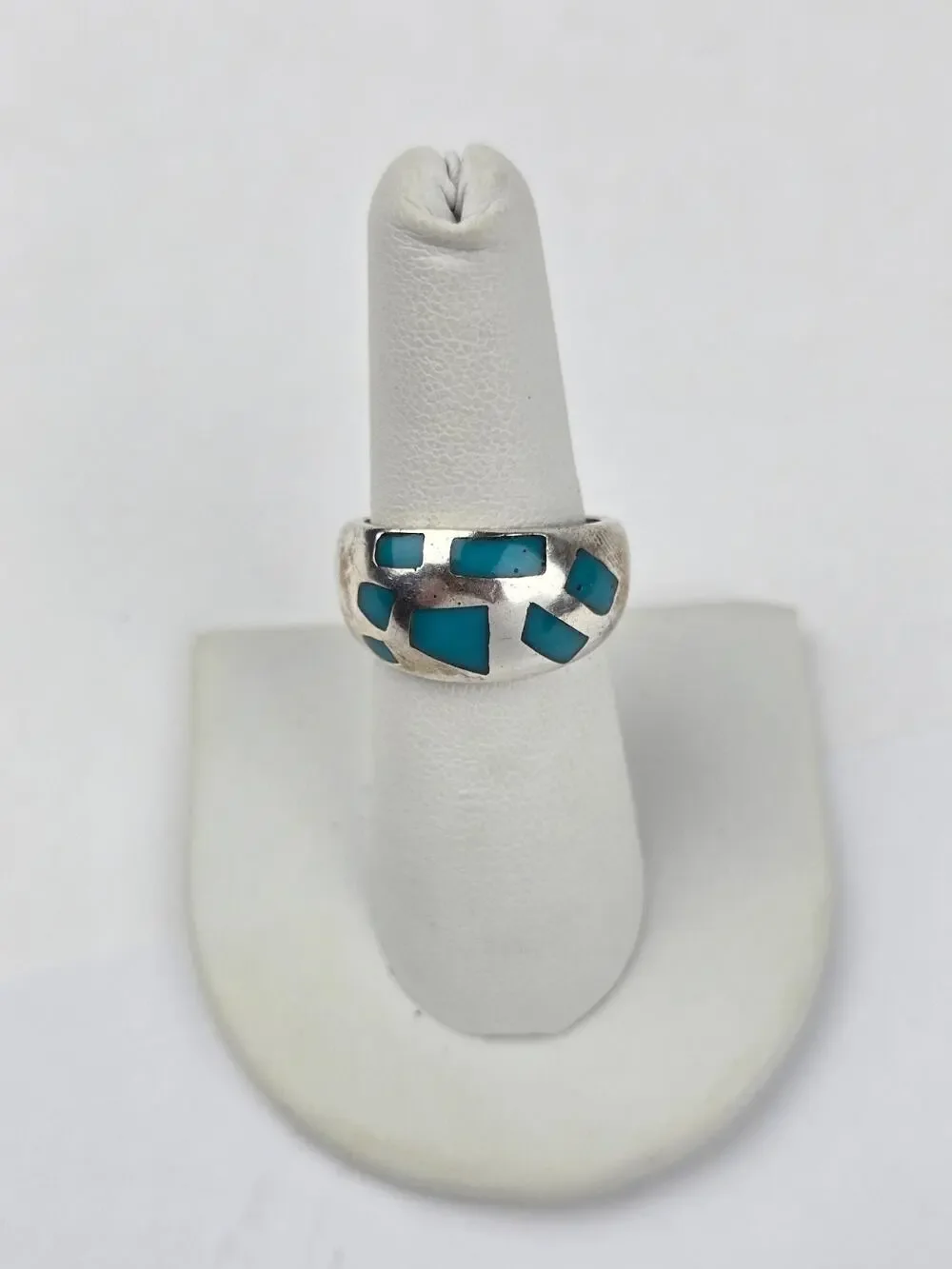 Vintage Sterling silver Band ring with Mosaic inlay Turquoise Size 7.25